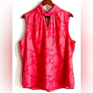 KENAR Women's XL Red Embroidered Floral Sleeveless Keyhole Twisted Mock Neck Top